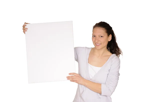 Jeune femme avec panneau d'affichage blanc — Photo