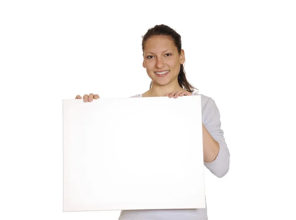 Mujer joven con cartelera blanca — Foto de Stock