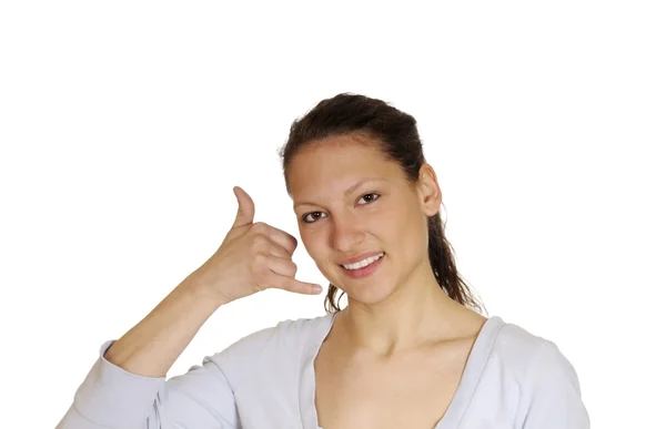 Young woman shows telephone sign — Stock Photo, Image