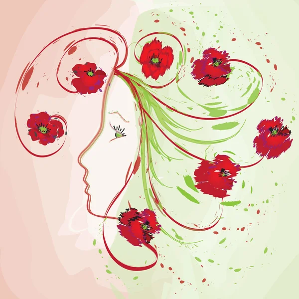 Girl profile with poppies on watercolour background — Stock Vector