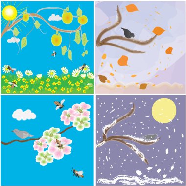 Icons of seasonal changes of year- spring, summer, autumn, winter clipart