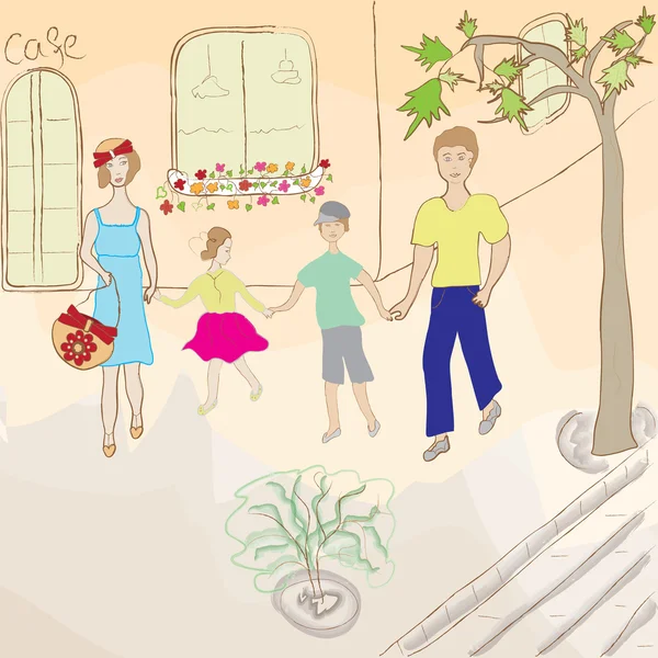 Mutlu aile sokakta yürümek — Stok Vektör
