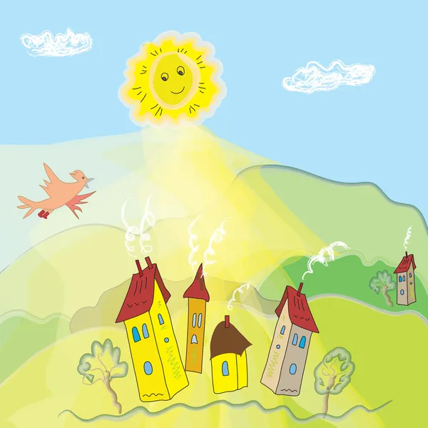 Fantasy landscape with sun, sky, hills, houses and bird