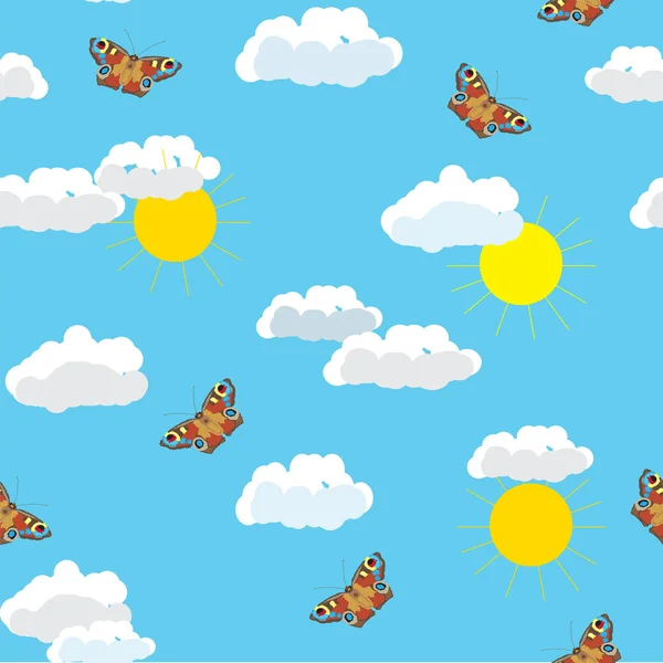 蝶、太陽、空、雲とのシームレスなパターン — ストックベクタ