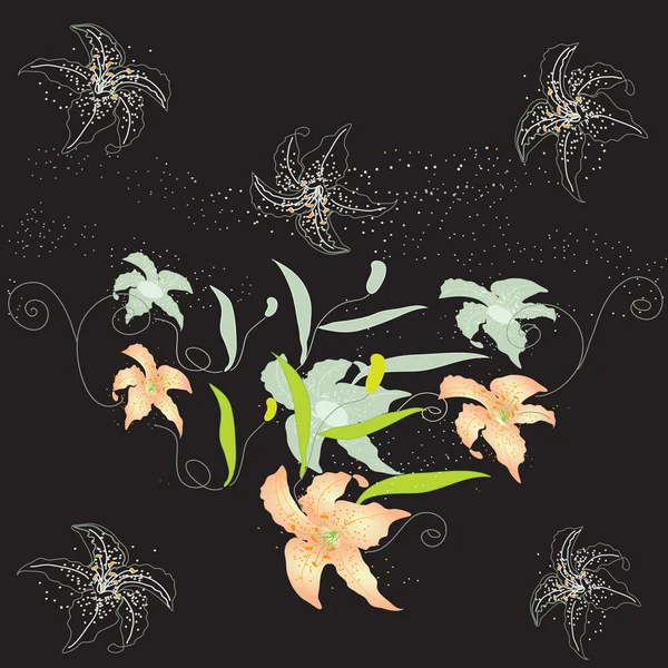 Design mit abstrakten Lilien auf schwarzem Hintergrund — Stockvektor
