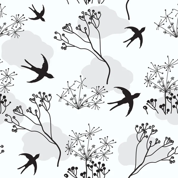 Seamless pattern with swallows and dry flowers — Stock Vector