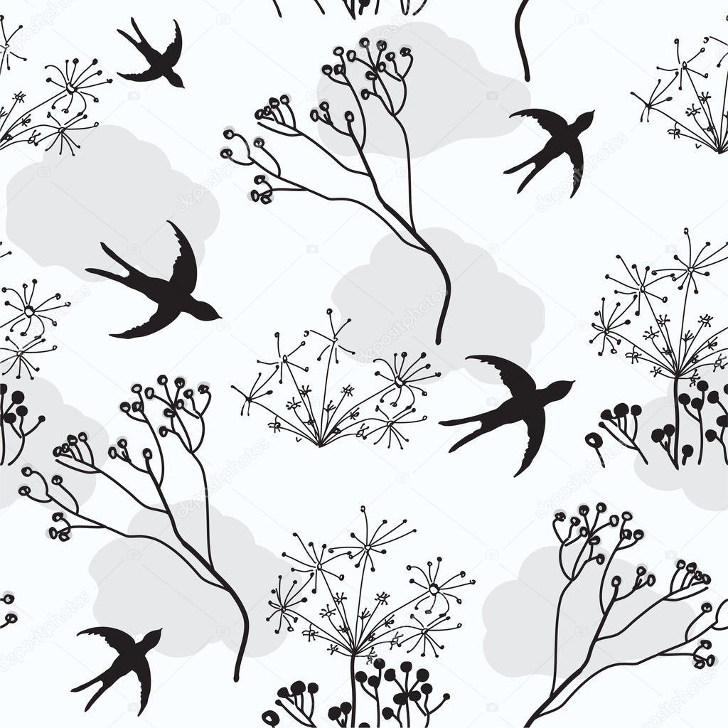 Seamless pattern with swallows and dry flowers