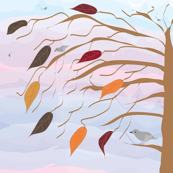 Árvore com pássaros no fundo do pôr do sol — Vetor de Stock