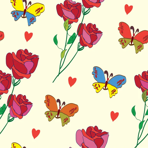 Patrón inconsútil colorido con mariposa, rosa y corazón — Vector de stock