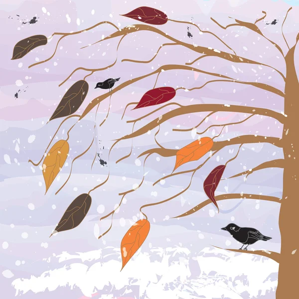 Arbre avec oiseaux sur fond de coucher de soleil avec chutes de neige — Image vectorielle