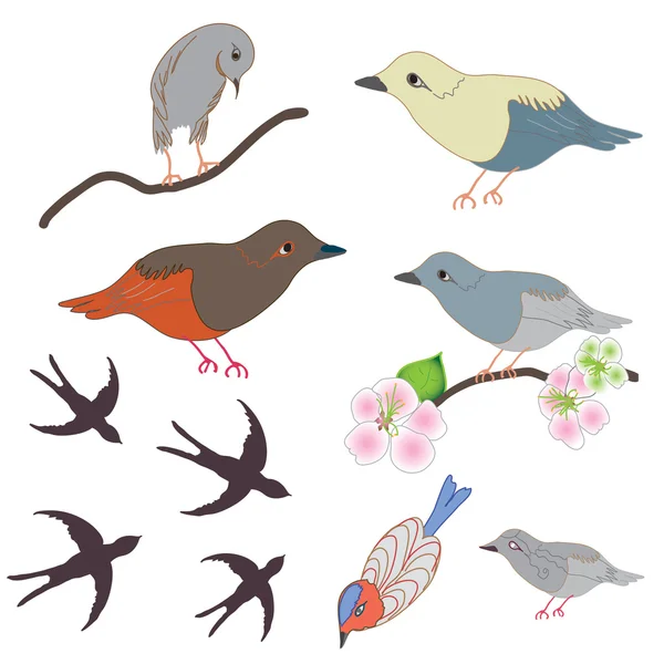 Una serie di uccelli astratti. Vettore — Vettoriale Stock