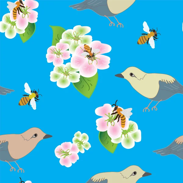 Seamless pattern with apple flowers, bees and birds — Stock Vector