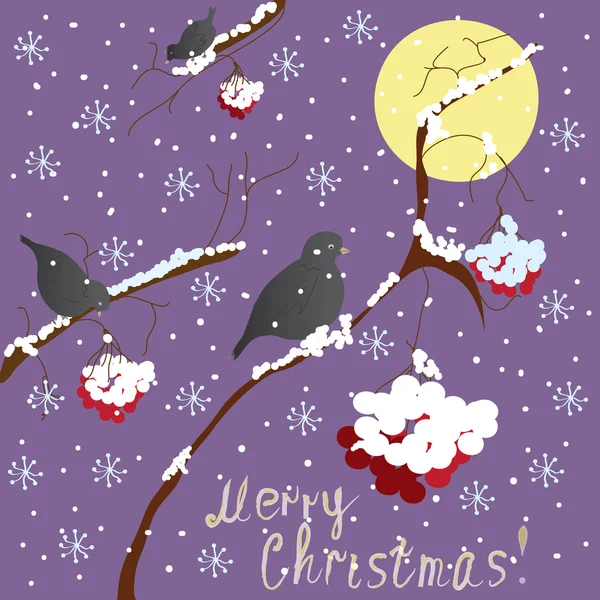 Greeting Christmas card with winter ashberry ,birds, snowflake and moon — Stock Vector