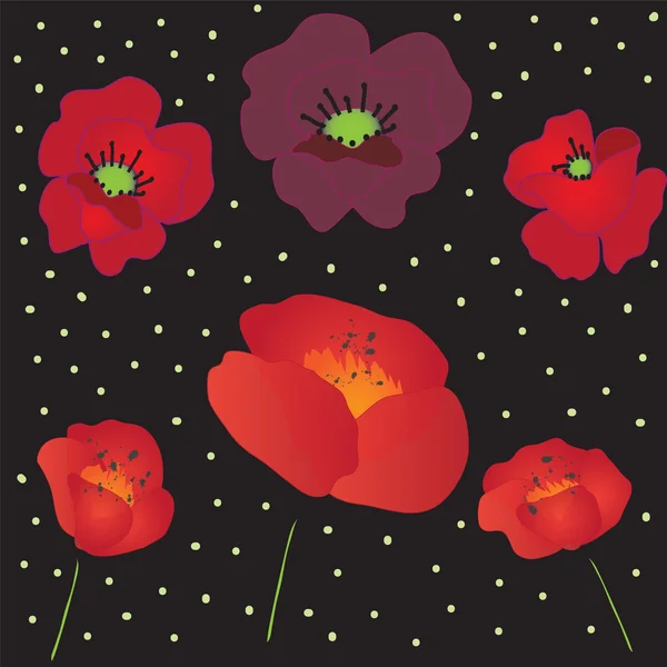 Nahtloses Muster mit roten Mohnblumen auf schwarzem Hintergrund — Stockvektor