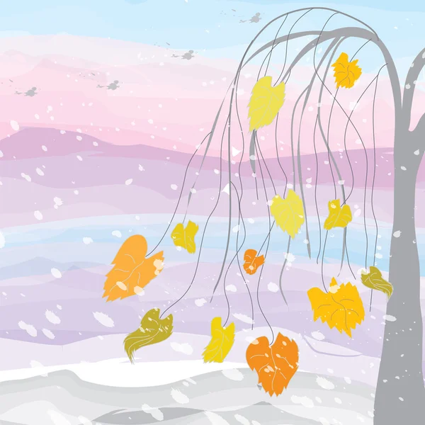 Arbre sur fond de coucher de soleil avec chutes de neige et oiseaux — Image vectorielle