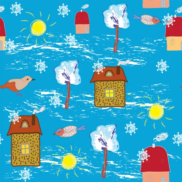 Bezproblémové Zimní vzorek s slunce, domy, ptáky, stromy a sněhová vločka — Stockový vektor