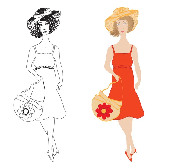 Stock vector Fashion girls in sundress with trendy hat and handbag