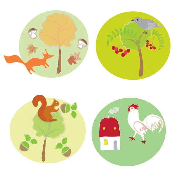 Iconos con animales - zorro, ardilla, pájaro, polla — Vector de stock