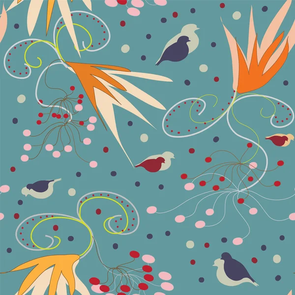 Motif sans couture avec framboise abstraite, feuilles et oiseaux — Image vectorielle