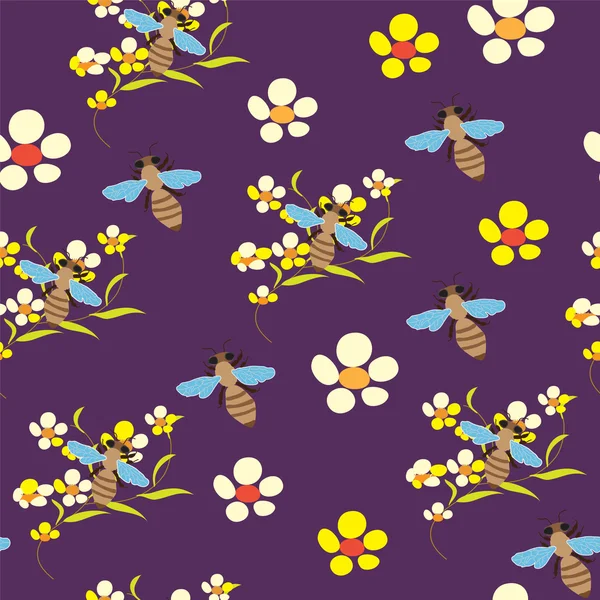 Безшовний візерунок з квітами та бджолами на фіолетовому фоні — стоковий вектор