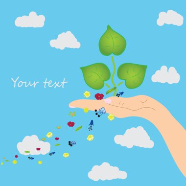 tebrik kartı elle, yapraklar, çiçekler, gökyüzü ve bulutlar
