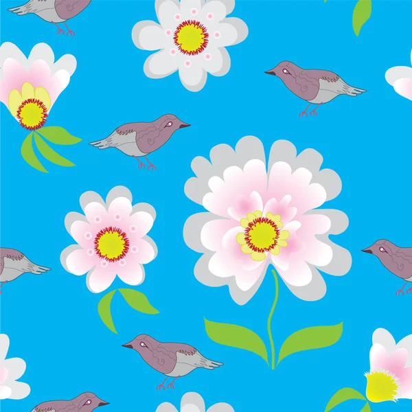 抽象的な花や鳥とのシームレスなパターン — ストックベクタ