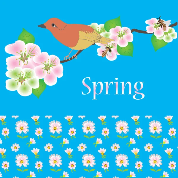 Carte de printemps avec oiseau, abeille et fleurs — Image vectorielle