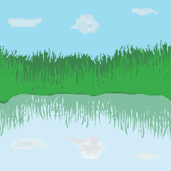 Paisagem com grama, lago, céu e nuvens — Vetor de Stock