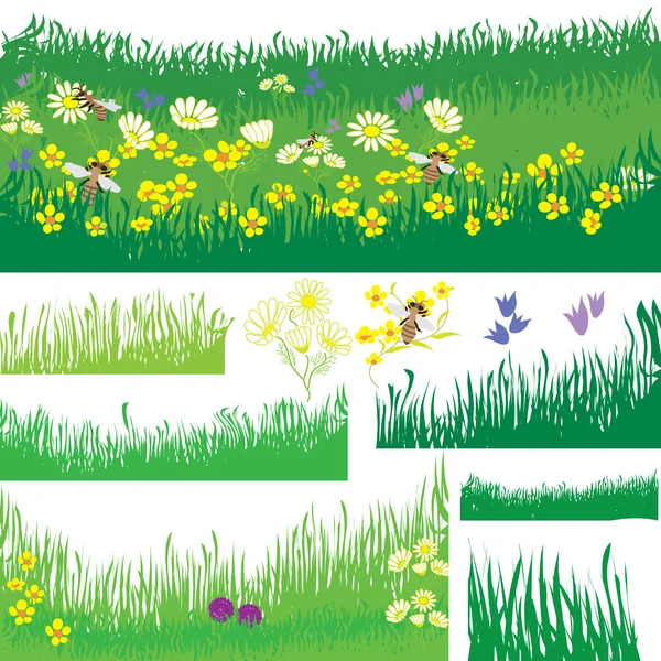 Uppsättning designelement med gräs, blommor och bin — Stock vektor