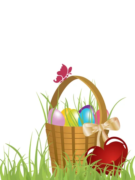 かごの中のカラフルな卵や牧草地で赤いハート立ってのベクトル イラスト — ストックベクタ