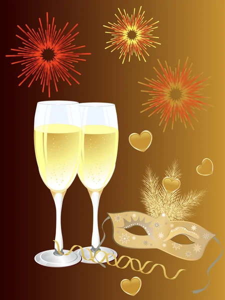 Illustrazione Vettoriale Bicchieri Con Champagne Maschera Veneziana — Vettoriale Stock