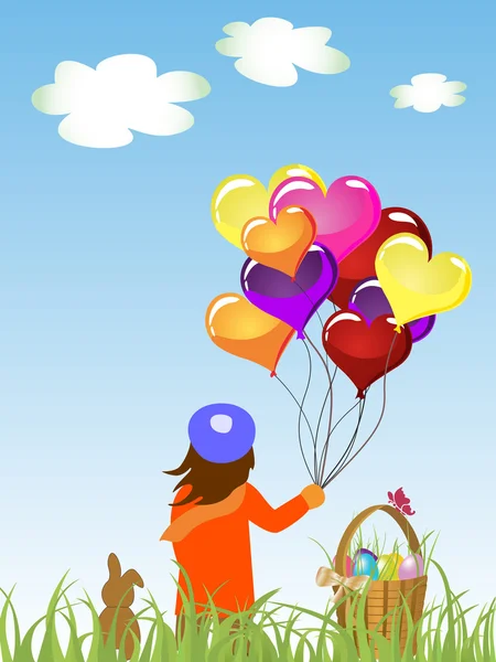 孩子在他手上复活节背景气球矢量插画 — 图库矢量图片