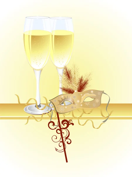 Vektorové Ilustrace Skleniček Šampaňským Elegantní Benátská Maska — Stockový vektor