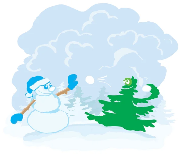 Snowman and Christmas tree — Stock Vector