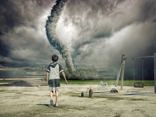 Хлопчик і торнадо — стокове фото
