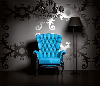 3D interior scene with blue classic armchair and lamp. clipart