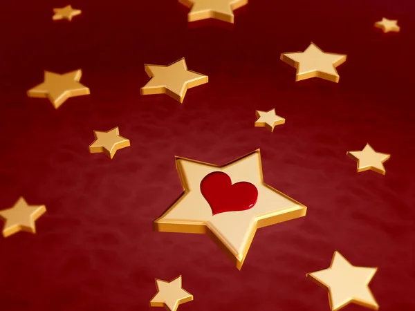 3D χρυσά αστέρια με κόκκινη καρδιά — Φωτογραφία Αρχείου