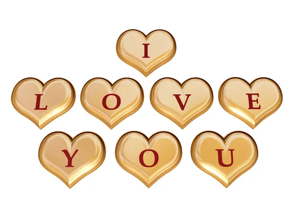 Corações Dourados Com Letras Vermelhas Com Texto Amo Isolado — Fotografia de Stock