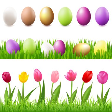 6 Easter-Eggs, Eggs In Grass And Grass Panorama, Isolated On White Background, Vector Illustration clipart