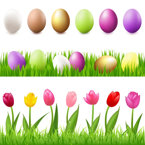 Ostereier Eier Gras Und Graspanorama Isoliert Auf Weißem Hintergrund Vektorillustration — Stockvektor