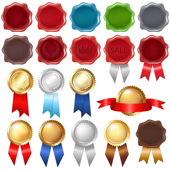 Collection Wax Seal Award Ribbons Isolated White Background Vector Illustration — Stock Vector