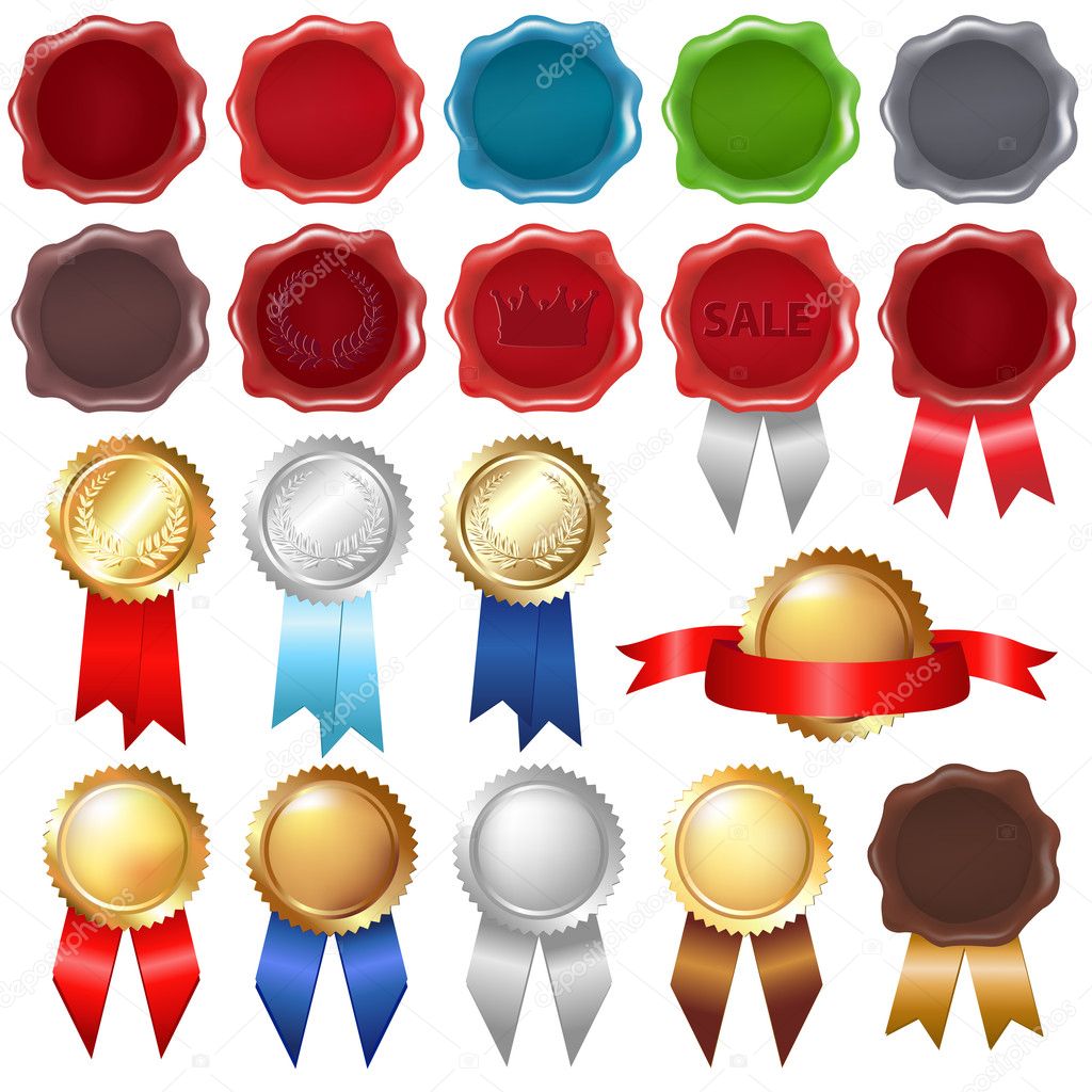 Collection Wax Seal And Award Ribbons, Isolated On White Background, Vector Illustration