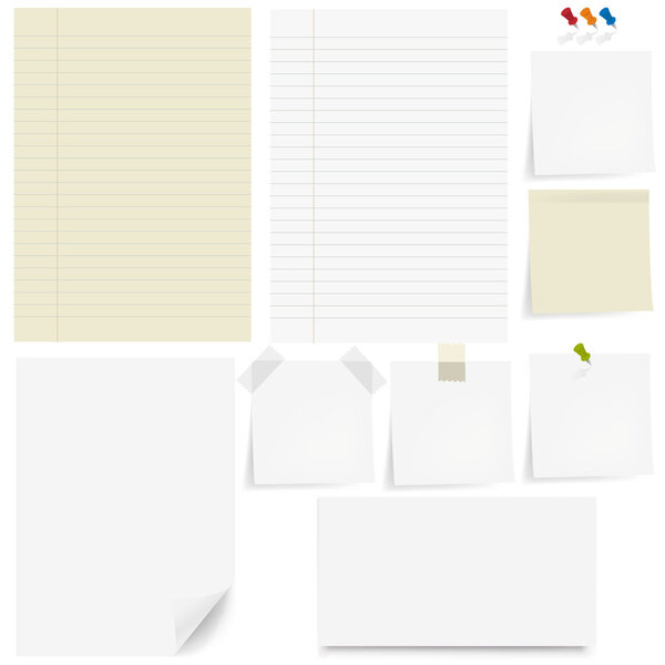 Set Paper And Sticky, Pushpin, White Background