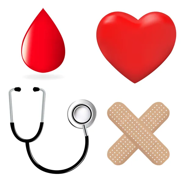 Medical Icons Stethoscope Plaster Heart Drop Blood Isolated White Background — Stock Vector
