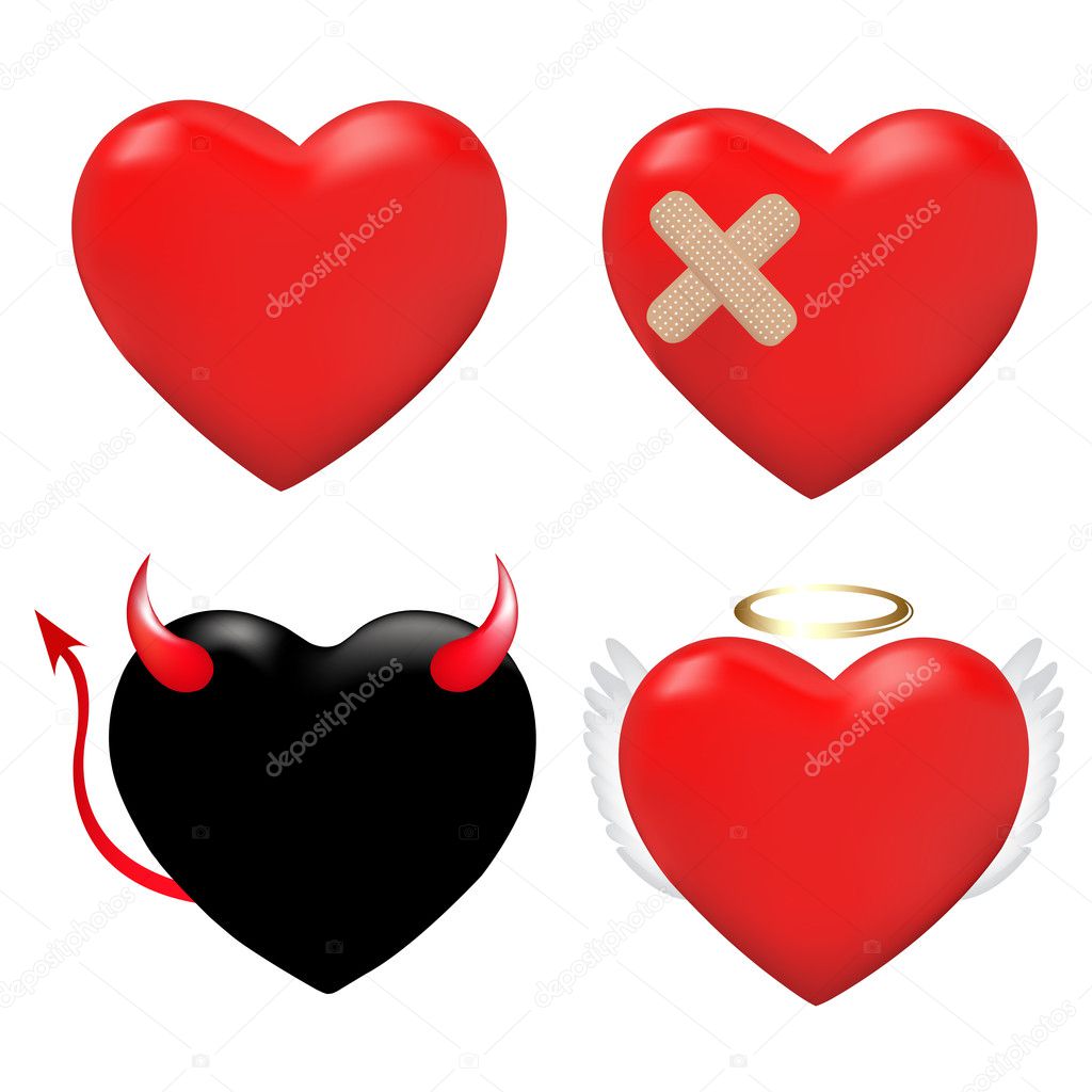 4 Hearts, Heart With Plaster, And Hearts As An Angel And Demon, Isolated On White Background, Vector Illustration
