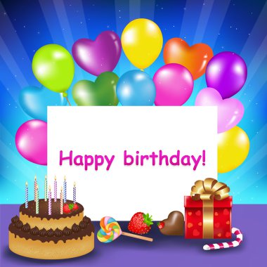 Decoration Ready For Birthday With Birthday Cake With Candles, Balloons, Sweets And Gift, Vector Illustration clipart