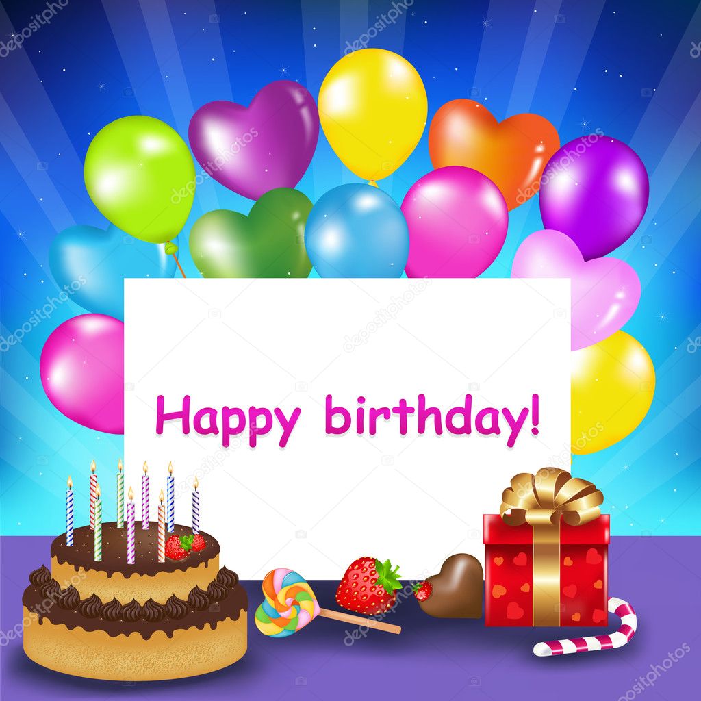 Decoration Ready For Birthday With Birthday Cake With Candles, Balloons, Sweets And Gift, Vector Illustration