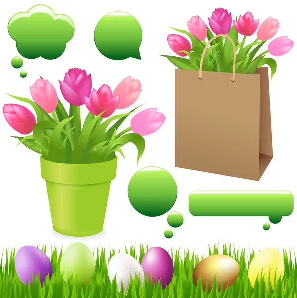 Spring Set Grass Eggs Tulips Pot Package Chat Bubble — Stock Vector