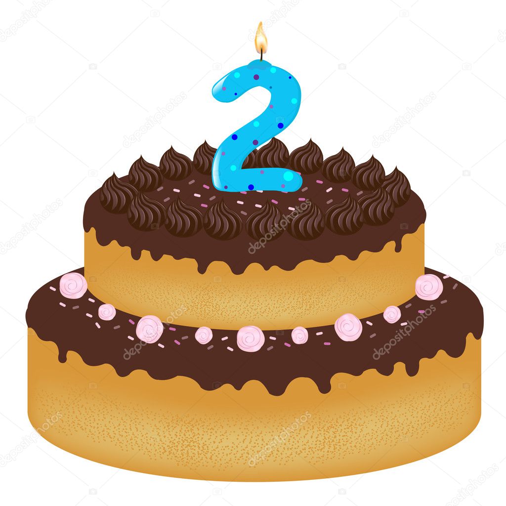 Birthday Cake With Candles With Number Two, Isolated On White Background, Vector Illustration