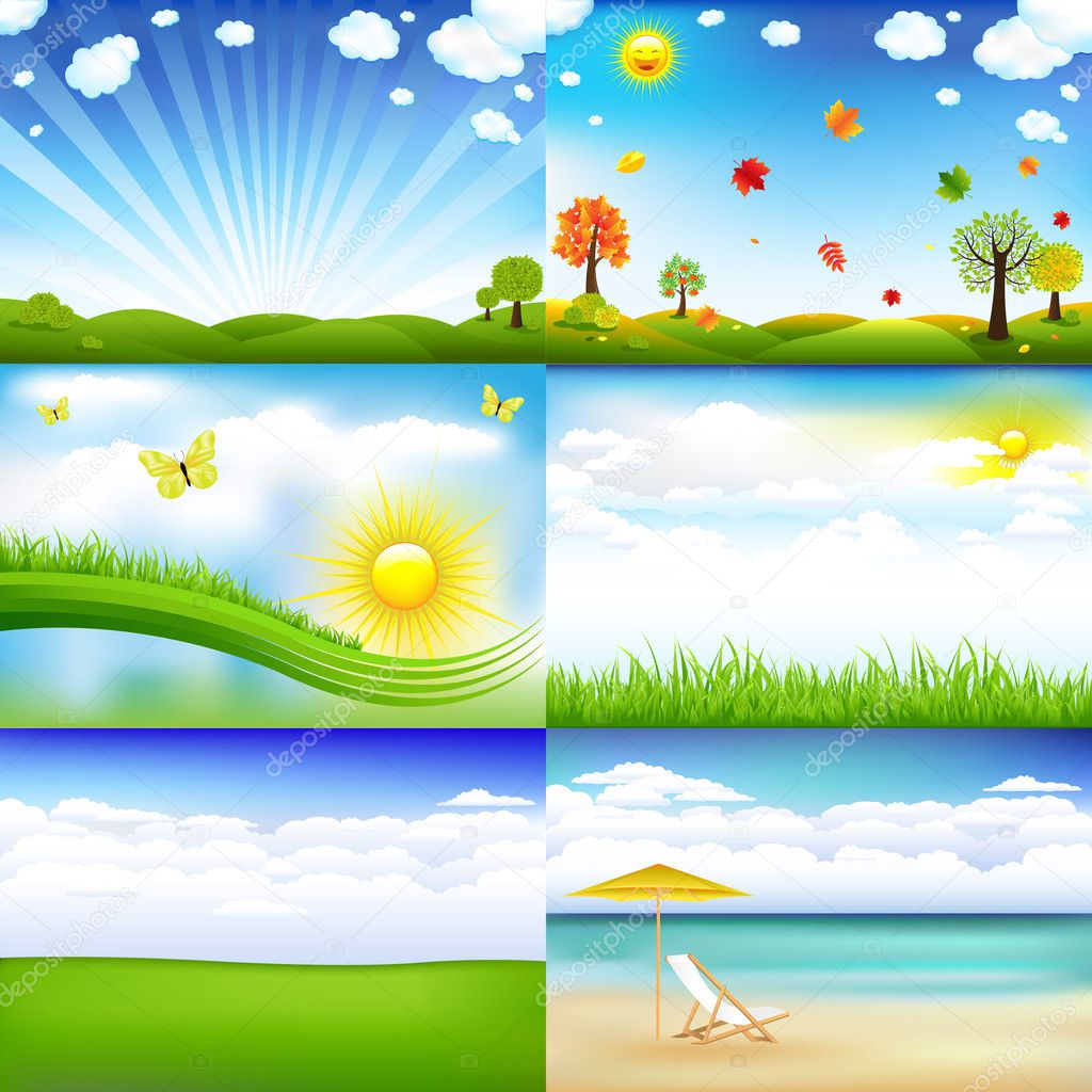6 Beautiful Landscape With Trees And Clouds, Vector Illustration
